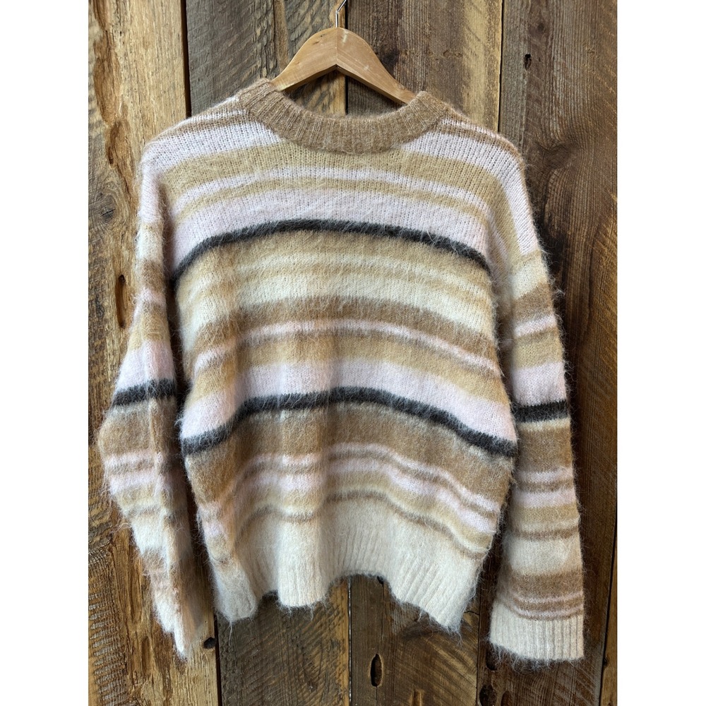 Cottagecore Fuzzy Knit Earthy‎ Vibe Strip Womens XS Super Cozy Oversized Sweater